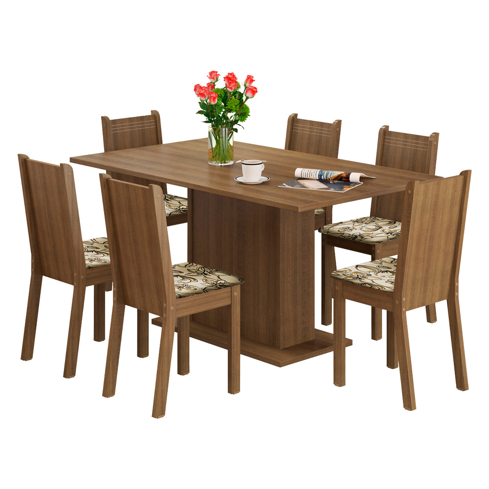 Juego de Comedor Megan Mesa Rectangular Tapa de Madera con 6 Sillas Marrón/Lírio Beige Madesa