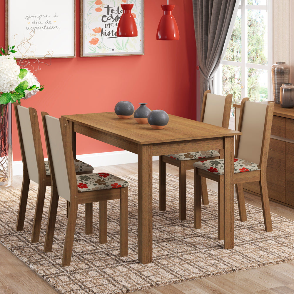 Juego de Comedor Madesa Bea Mesa Tapa de Madera con 4 Sillas Marrón/Crema/Floral Hibiscos