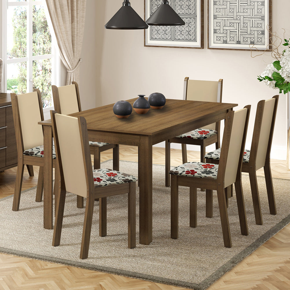 Juego de Comedor Madesa Miriam Mesa Tapa de Madera con 6 Sillas Marrón/Crema/Floral Hibiscos