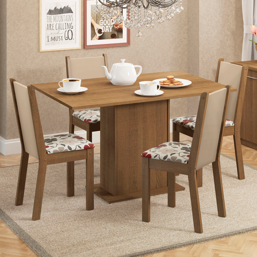 Juego de Comedor Madesa Talita Mesa Tapa de Madera con 4 Sillas Marrón/Crema/Floral Hibiscos