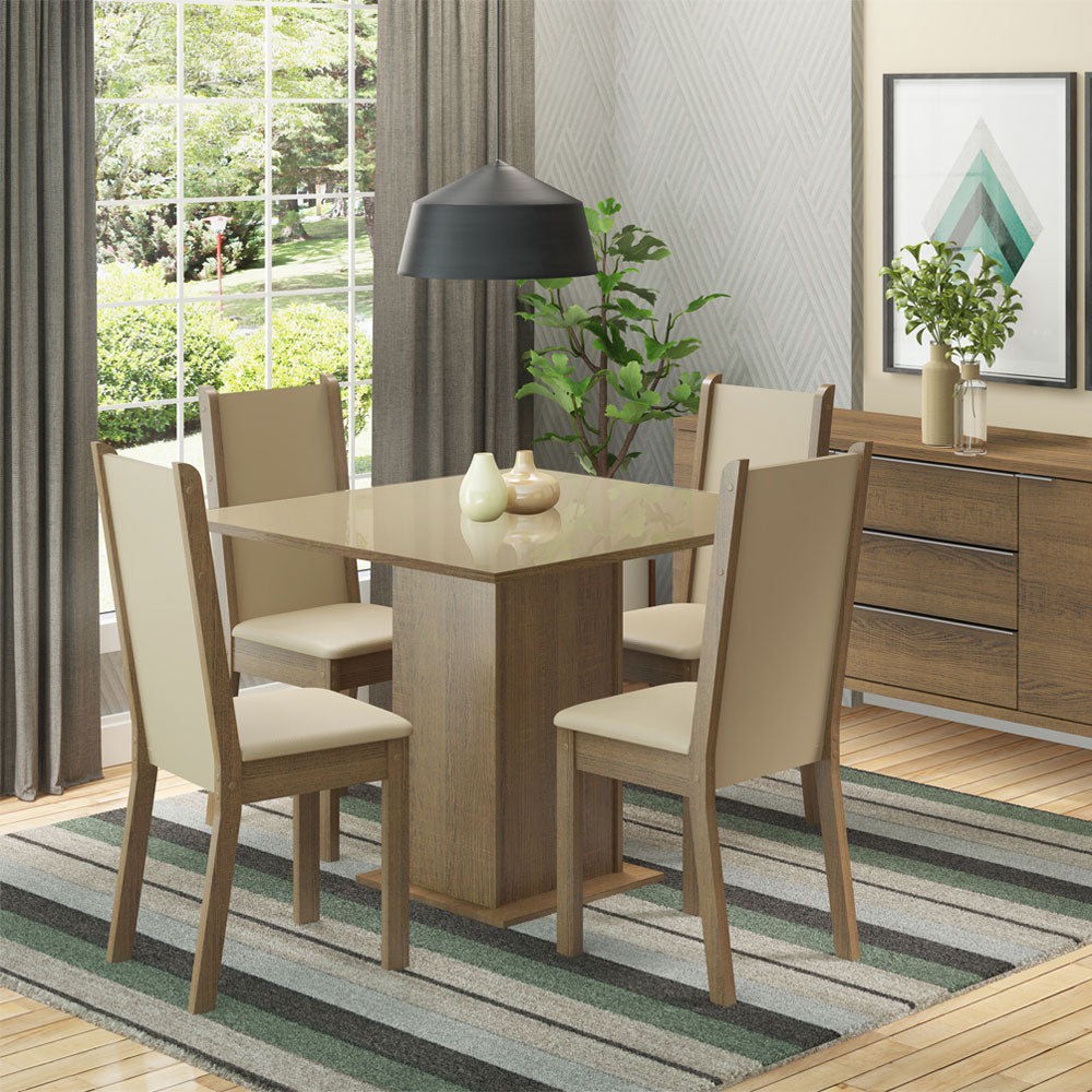 Juego de Comedor Mesa con Tapa de Vidrio y 4 Sillas Marrón/Beige Moscou Plus