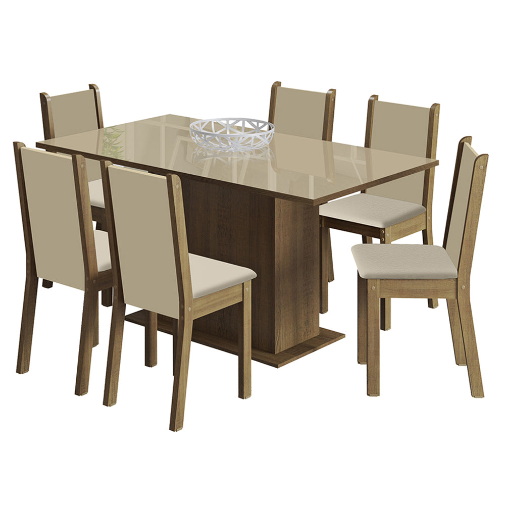 Juego de Comedor Moscú Plus Mesa Rectangular Tapa de Vidrio con 6 Sillas Marrón/Crema/Sintético Beige Madesa