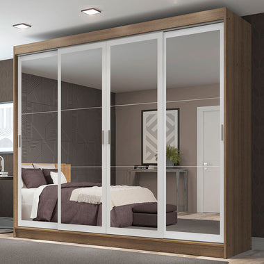 Placard Matrimonial 215 cm 4 Puertas Corredizas 3 Cajones con 4 Espejos Marrón/Blanco Austin Madesa