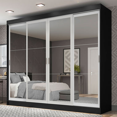 Placard Matrimonial 215 cm 4 Puertas Corredizas 3 Cajones con 4 Espejos Negro/Blanco Austin Madesa
