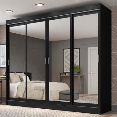 Placard Matrimonial 215 cm 4 Puertas Corredizas 3 Cajones con 4 Espejos Negro Austin Madesa