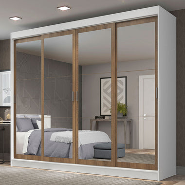 Placard Matrimonial 215 cm 4 Puertas Corredizas 3 Cajones con 4 Espejos Blanco/Marrón Austin Madesa