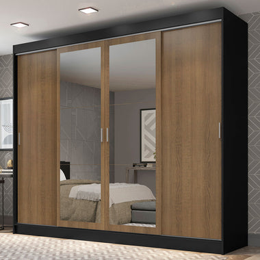 Placard Matrimonial 215 cm 4 Puertas Corredizas 3 Cajones con 2 Espejos Negro/Marrón Austin Madesa