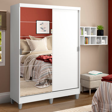 Placard Soltero 119 cm 2 Puertas Corredizas 2 Cajones con 1 Espejo y Patas Blanco Luke Madesa