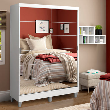 Placard Soltero 119 cm 2 Puertas Corredizas 2 Cajones con 2 Espejos y Patas Blanco Luke Madesa