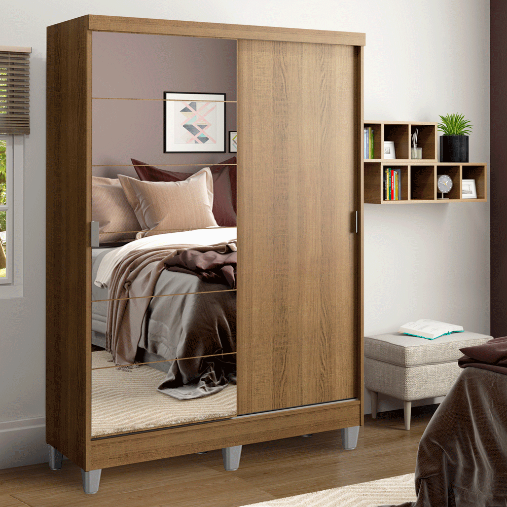 Placard Soltero Luke 120 cm 2 Puertas Corredizas con 1 Espejo 2 Cajones con Patas Marrón Madesa