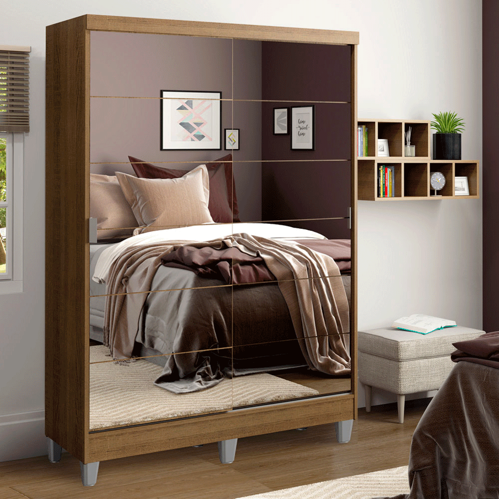 Placard Soltero Luke 120 cm 2 Puertas Corredizas con 2 Espejos 2 Cajones con Patas Marrón Madesa