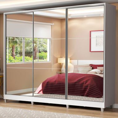 Placard Matrimonial 231 cm 3 Puertas Corredizas 4 Cajones con 3 Espejos y Patas 100% MDF Blanco Royale Madesa