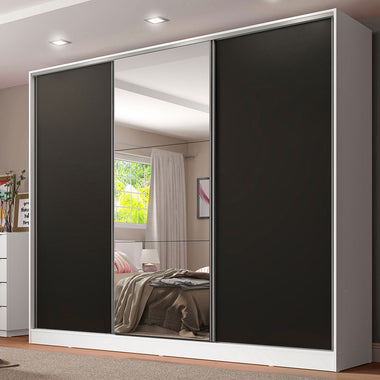 Placard Matrimonial 231 cm 3 Puertas Corredizas 4 Cajones con 1 Espejo 100% MDF Blanco/Negro Royale Madesa