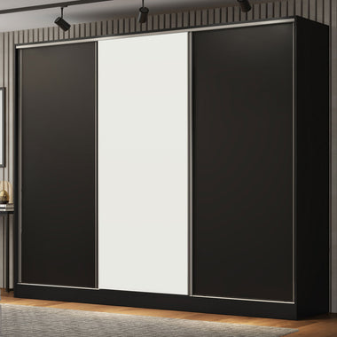 Placard Matrimonial 231 cm 3 Puertas Corredizas 4 Cajones 100% MDF Negro/Blanco Royale Madesa