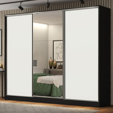 Placard Matrimonial 231 cm 3 Puertas Corredizas 4 Cajones con 1 Espejo 100% MDF Negro/Blanco Royale Madesa