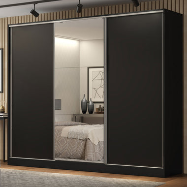 Placard Matrimonial 231 cm 3 Puertas Corredizas 4 Cajones con 1 Espejo 100% MDF Negro Royale Madesa
