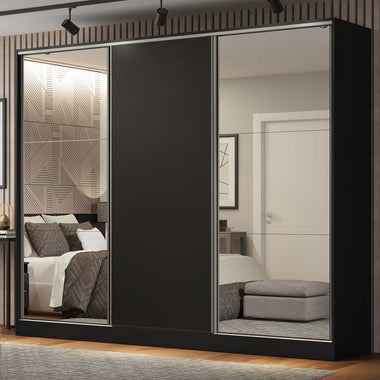 Placard Matrimonial 231 cm 3 Puertas Corredizas 4 Cajones con 2 Espejos 100% MDF Negro Royale Madesa