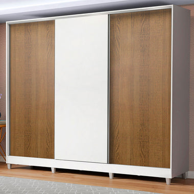 Placard Matrimonial 231 cm 3 Puertas Corredizas 4 Cajones y Patas 100% MDF Blanco/Marrón Royale Madesa