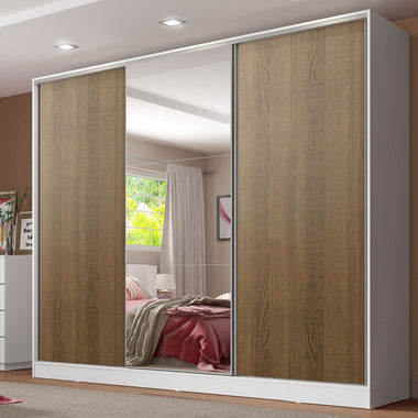 Placard Matrimonial 231 cm 3 Puertas Corredizas 4 Cajones con 1 Espejo 100% MDF Blanco/Marrón Royale Madesa