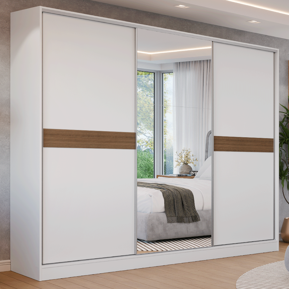 Placard Matrimonial Malta 231 cm 3 Puertas Corredizas con 1 Espejo 4 Cajones con Patas 100% MDF Blanco Madesa
