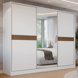 Placard Matrimonial Malta 231 cm 3 Puertas Corredizas con 1 Espejo 4 Cajones con Patas 100% MDF Blanco Madesa