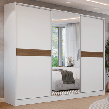 Placard Matrimonial 231 cm 3 Puertas Corredizas 4 Cajones con 1 Espejo 100% MDF Blanco/Marrón Malta Madesa