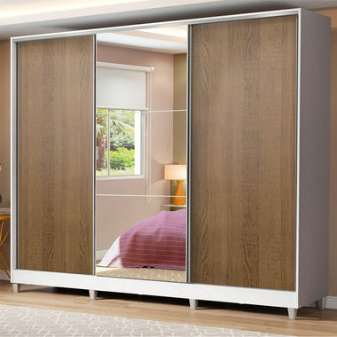 Placard Matrimonial 231 cm 3 Puertas Corredizas 4 Cajones con 1 Espejo y Patas 100% MDF Blanco/Marrón Royale Madesa
