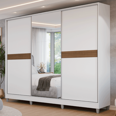 Placard Matrimonial 231 cm 3 Puertas Corredizas 4 Cajones con 1 Espejo y Patas 100% MDF Blanco/Marrón Malta Madesa