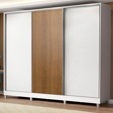 Placard Matrimonial 231 cm 3 Puertas Corredizas 4 Cajones y Patas 100% MDF Blanco/Marrón Royale Madesa