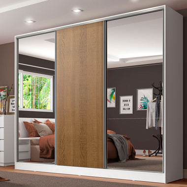 Placard Matrimonial 231 cm 3 Puertas Corredizas 4 Cajones con 2 Espejos 100% MDF Blanco/Marrón Royale Madesa
