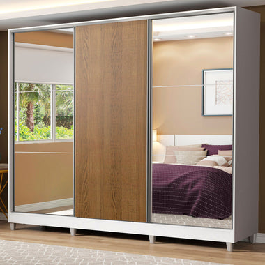 Placard Matrimonial 231 cm 3 Puertas Corredizas 4 Cajones con 2 Espejos y Patas 100% MDF Blanco/Marrón Royale Madesa