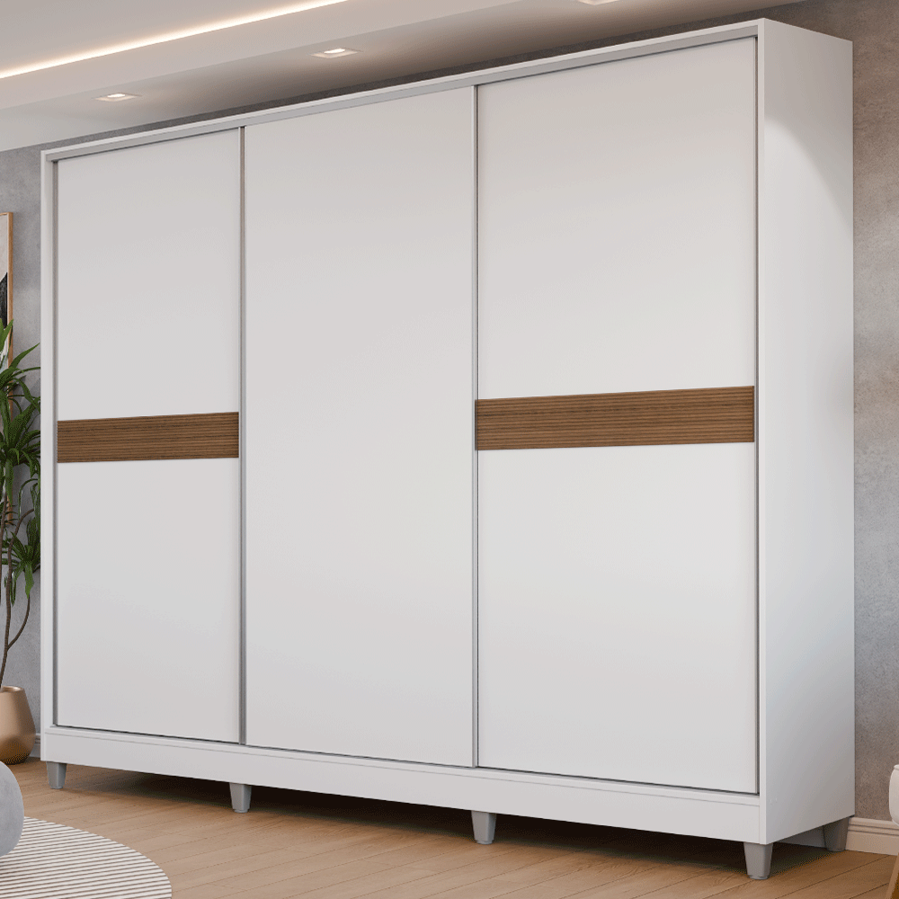 Placard Matrimonial Malta 231 cm 3 Puertas Corredizas 4 Cajones con Patas 100% MDF Blanco Madesa