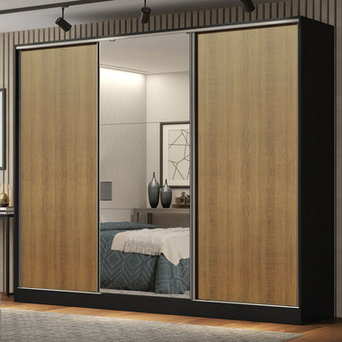 Placard Matrimonial 231 cm 3 Puertas Corredizas 4 Cajones con 1 Espejo 100% MDF Negro/Marrón Royale Madesa