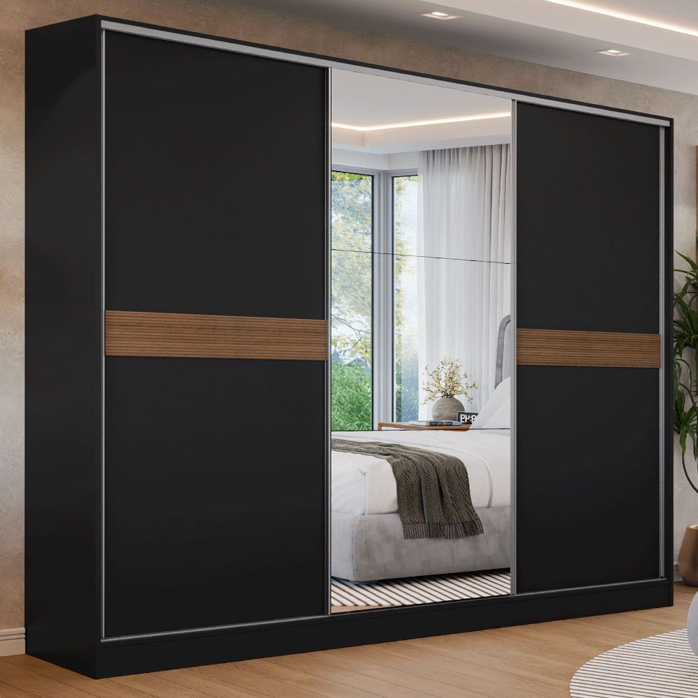 Placard Matrimonial Malta 231 cm 3 Puertas Corredizas con 1 Espejo 4 Cajones con Patas 100% MDF Negro Madesa
