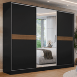 Placard Matrimonial Malta 231 cm 3 Puertas Corredizas con 1 Espejo 4 Cajones con Patas 100% MDF Negro Madesa