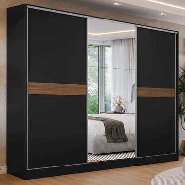 Placard Matrimonial 231 cm 3 Puertas Corredizas 4 Cajones con 1 Espejo y Patas 100% MDF Negro/Marrón Malta Madesa