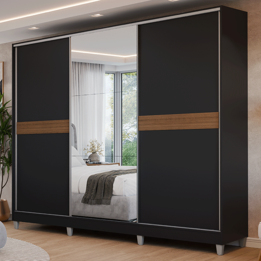 Placard Matrimonial Malta 231 cm 3 Puertas Corredizas con 1 Espejo 4 Cajones con Patas 100% MDF Negro Madesa