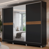 Placard Matrimonial Malta 231 cm 3 Puertas Corredizas con 1 Espejo 4 Cajones con Patas 100% MDF Negro Madesa