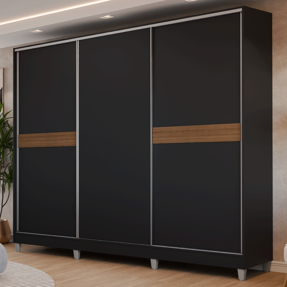 Placard Matrimonial Malta 231 cm 3 Puertas Corredizas 4 Cajones con Patas 100% MDF Negro Madesa