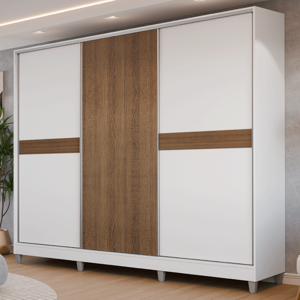 Placard Matrimonial Malta 231 cm 3 Puertas Corredizas 4 Cajones con Patas 100% MDF Blanco/Marrón Madesa