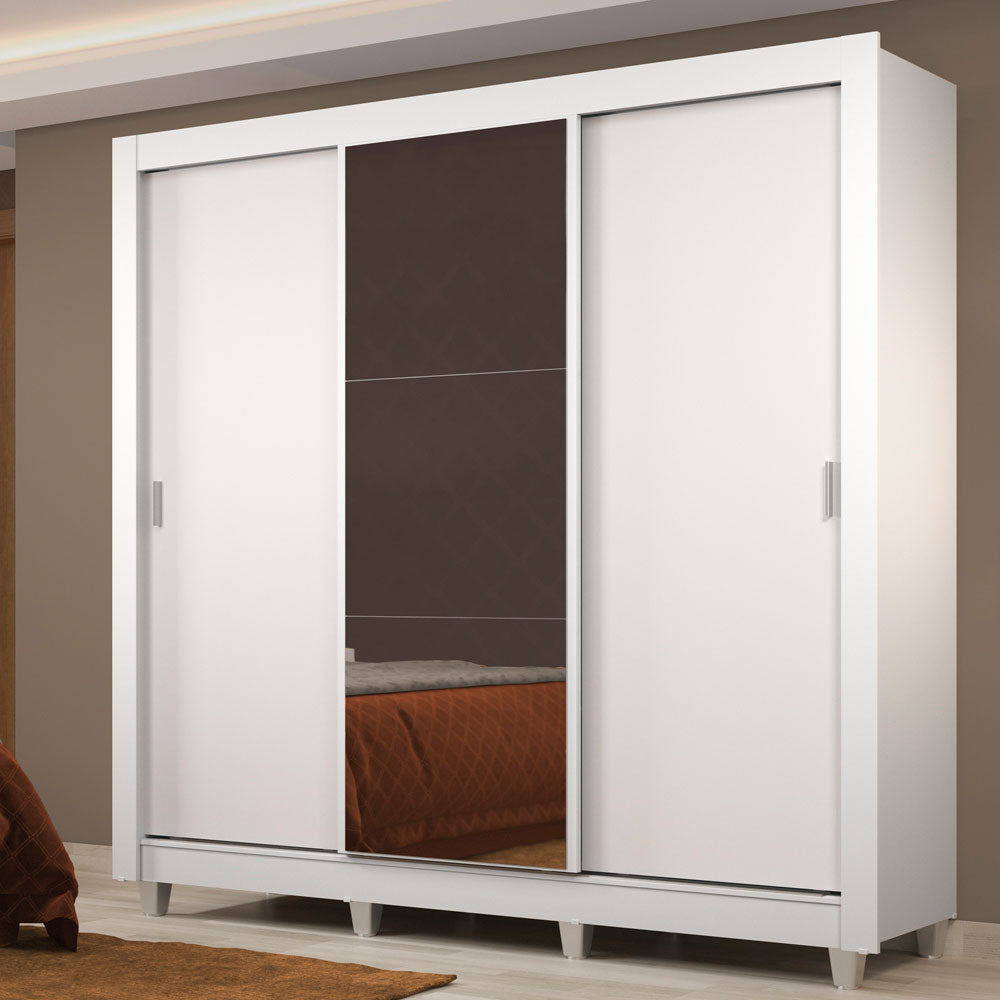 Placard Matrimonial Lyon Plus 3 Puertas Corredizas con Espejo 4 Cajones con Patas Blanco
