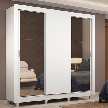 Placard Matrimonial 170 cm 3 Puertas Corredizas 2 Cajones con 2 Espejos y Patas Blanco Lyon Madesa