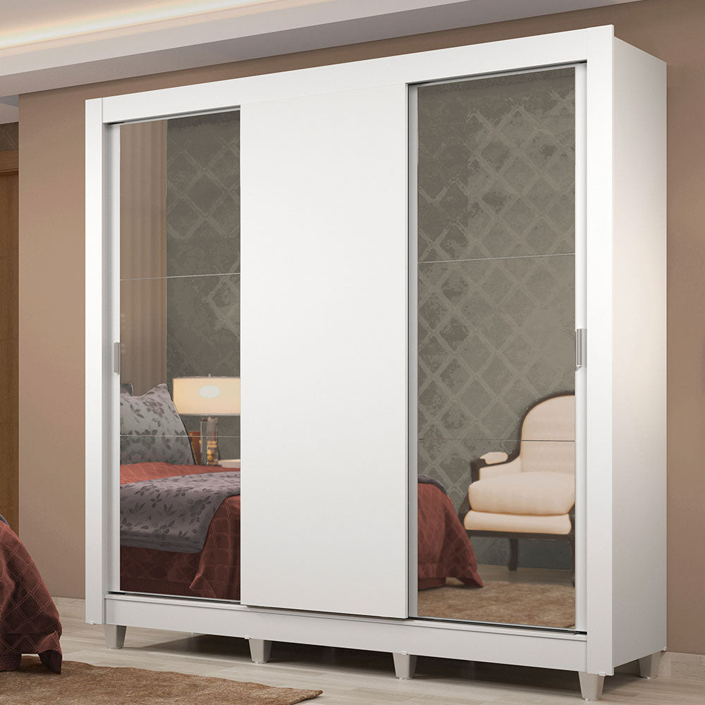 Placard Matrimonial Lyon Plus 3 Puertas Corredizas con Espejos 4 Cajones con Patas Blanco