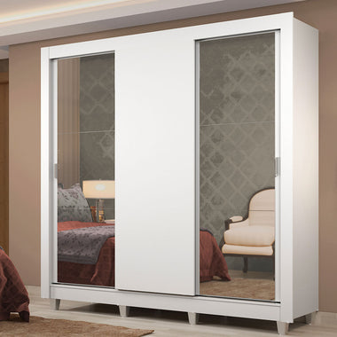 Placard Matrimonial 170 cm 3 Puertas Corredizas 4 Cajones con 2 Espejos y Patas Blanco Lyon Madesa