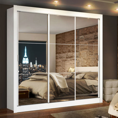 Placard Matrimonial 170 cm 3 Puertas Corredizas 2 Cajones con 3 Espejos Blanco Lyon Madesa