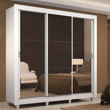 Placard Matrimonial 170 cm 3 Puertas Corredizas 2 Cajones con 3 Espejos y Patas Blanco Lyon Madesa