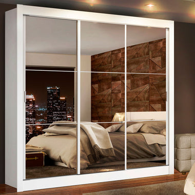 Placard Matrimonial 170 cm 3 Puertas Corredizas 4 Cajones con 3 Espejos Blanco Lyon Madesa