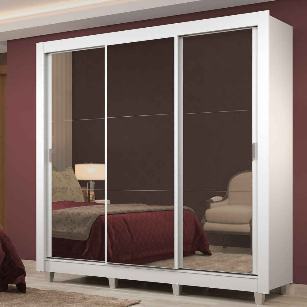 Placard Matrimonial Lyon Plus 3 Puertas Corredizas con Espejo 4 Cajones con Patas Blanco