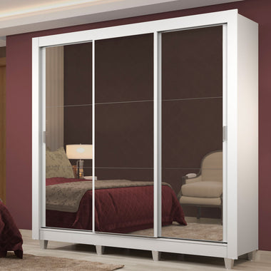 Placard Matrimonial 170 cm 3 Puertas Corredizas 4 Cajones con 3 Espejos y Patas Blanco Lyon Madesa