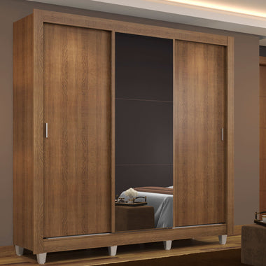 Placard Matrimonial 170 cm 3 Puertas Corredizas con 1 Espejo y Patas Marrón Mónaco Madesa
